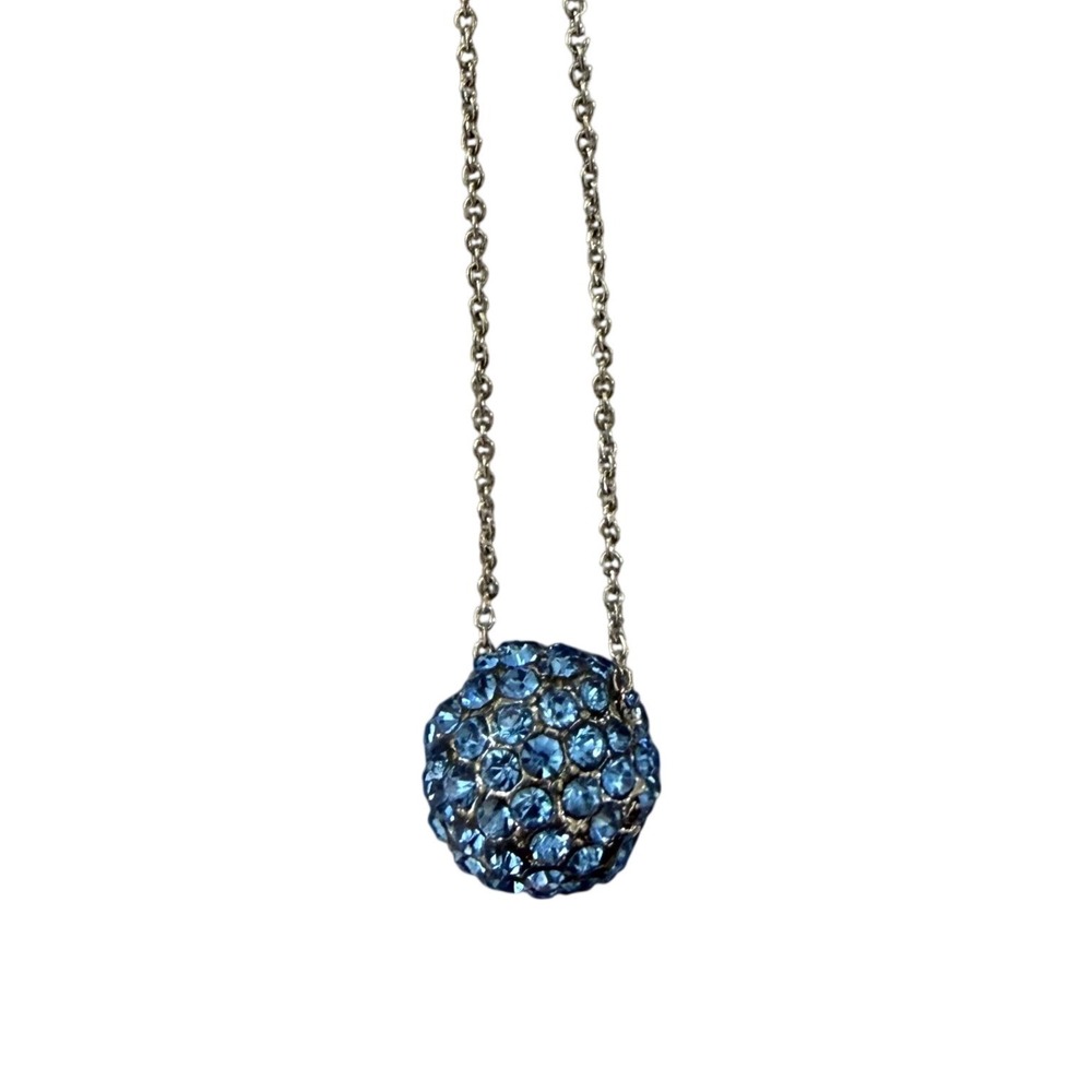 Monet Blue Crystal Pave Ball Pendant Necklace Silver Tone Modern, Flaw Shown - Picture 6 of 11